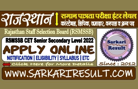 Sarkari Result RSMSSB CET Senior Secondary Level Online Form 2022